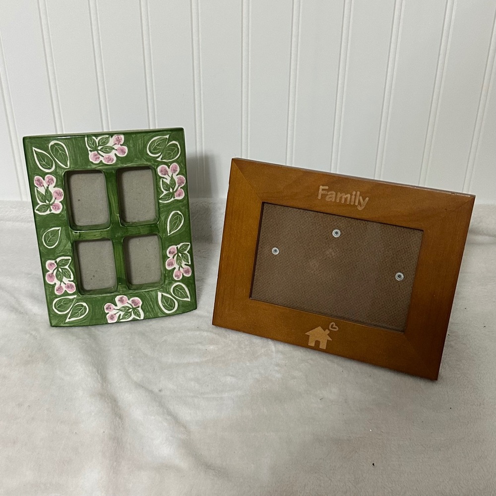 Melannco‎ Ceramic Floral & Wood Family Picture Frame Set Green Brown Excellent